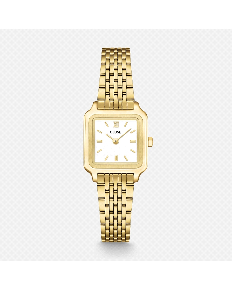 El reloj cuadrado Gracieuse Mini para mujer cuenta con una caja dorada de 21 mm, una esfera blanca y una correa de acero inoxida