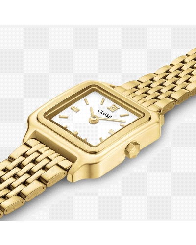 El reloj cuadrado Gracieuse Mini para mujer cuenta con una caja dorada de 21 mm, una esfera blanca y una correa de acero inoxida