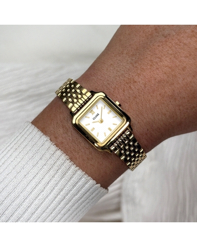El reloj cuadrado Gracieuse Mini para mujer cuenta con una caja dorada de 21 mm, una esfera blanca y una correa de acero inoxida