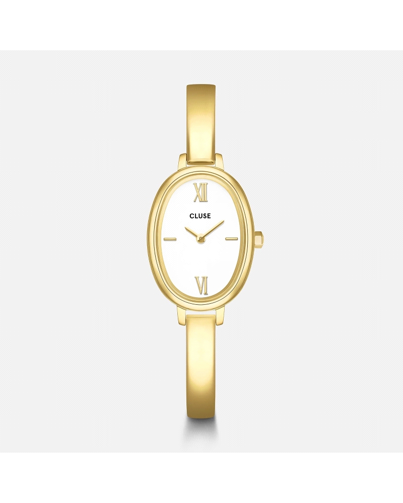 El reloj ovalado L'Ovale para mujer cuenta con una caja dorada de 22 mm, una esfera blanca y una correa de acero inoxidable dora