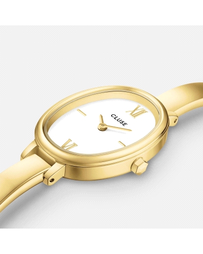 El reloj ovalado L'Ovale para mujer cuenta con una caja dorada de 22 mm, una esfera blanca y una correa de acero inoxidable dora