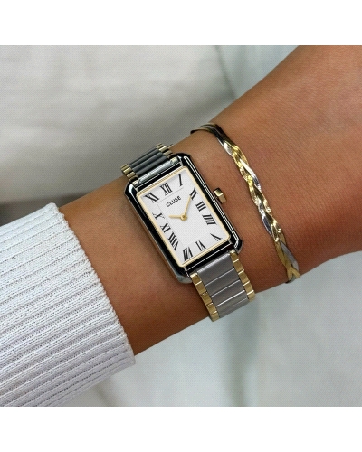 El reloj rectangular para mujer Belisenna tiene una caja bicolor plateada y dorada de 21 mm, una esfera blanca de aspecto vintag