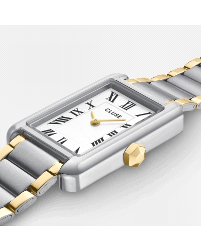 El reloj rectangular para mujer Belisenna tiene una caja bicolor plateada y dorada de 21 mm, una esfera blanca de aspecto vintag