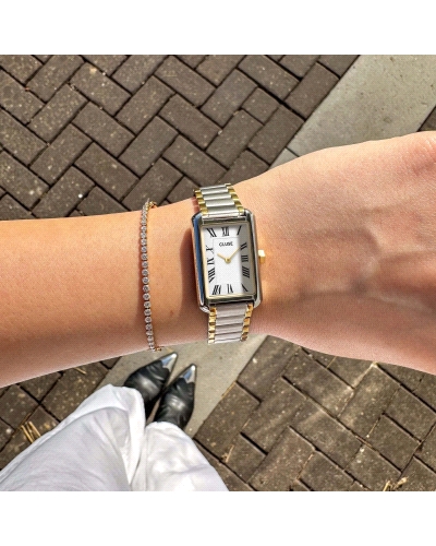 El reloj rectangular para mujer Belisenna tiene una caja bicolor plateada y dorada de 21 mm, una esfera blanca de aspecto vintag