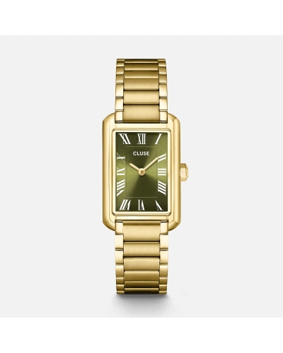 El reloj rectangular Belisenna para mujer cuenta con una caja dorada de 21 mm, una esfera verde oliva de acabado sunray y una co