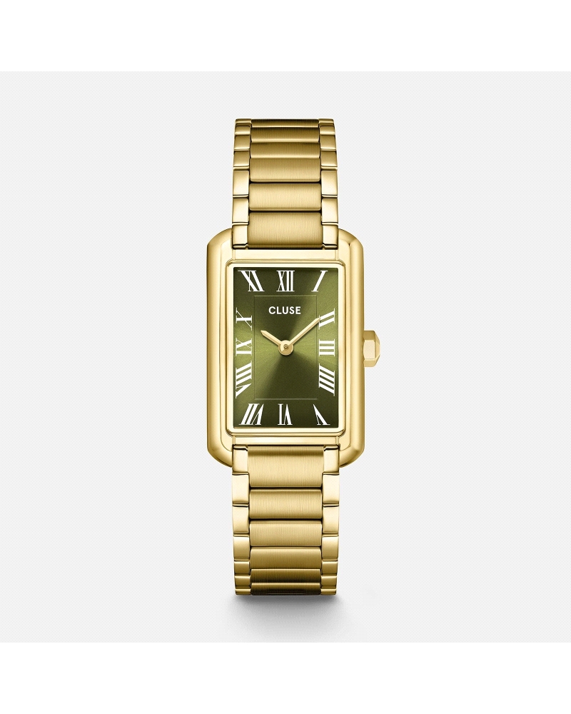 El reloj rectangular Belisenna para mujer cuenta con una caja dorada de 21 mm, una esfera verde oliva de acabado sunray y una co