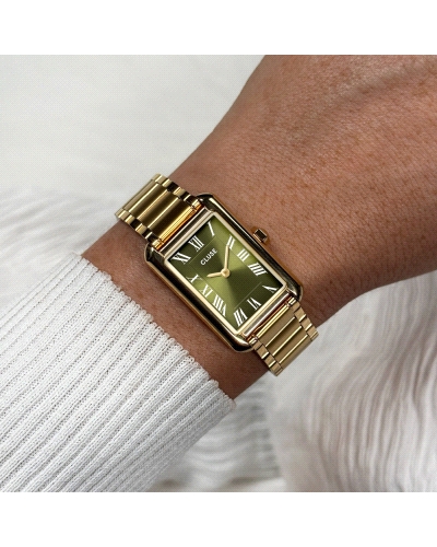 El reloj rectangular Belisenna para mujer cuenta con una caja dorada de 21 mm, una esfera verde oliva de acabado sunray y una co