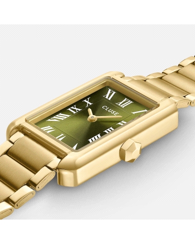 El reloj rectangular Belisenna para mujer cuenta con una caja dorada de 21 mm, una esfera verde oliva de acabado sunray y una co