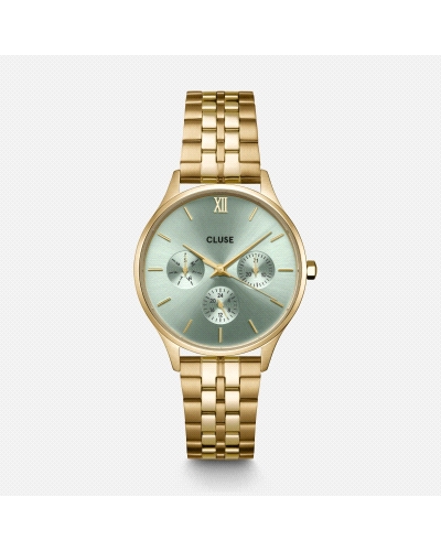El reloj círculo Minuit Multifunction para mujer tiene una caja color oro de 34 mm, una esfera verde salvia con 3 subesferas y u