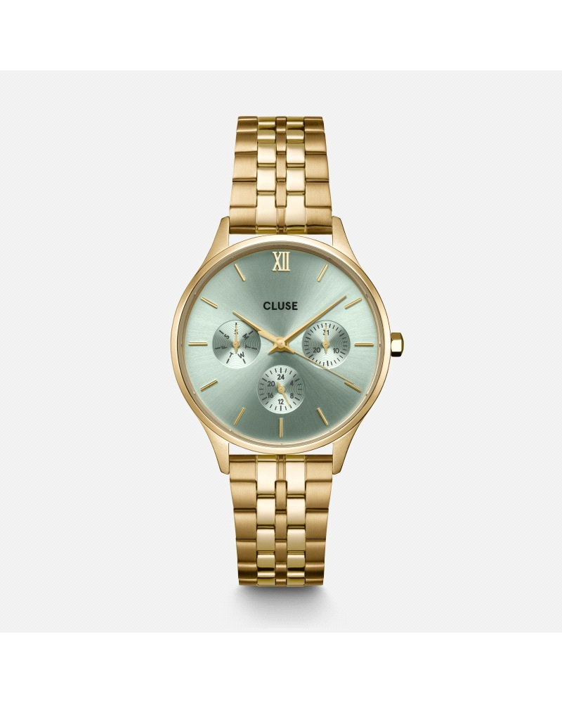 El reloj círculo Minuit Multifunction para mujer tiene una caja color oro de 34 mm, una esfera verde salvia con 3 subesferas y u