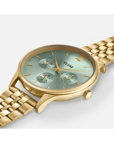 El reloj círculo Minuit Multifunction para mujer tiene una caja color oro de 34 mm, una esfera verde salvia con 3 subesferas y u
