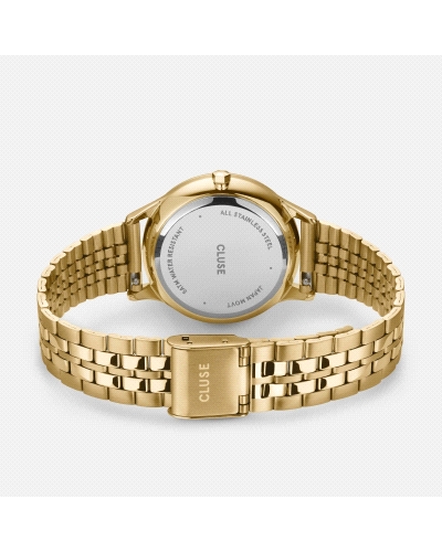 El reloj círculo Minuit Multifunction para mujer tiene una caja color oro de 34 mm, una esfera verde salvia con 3 subesferas y u