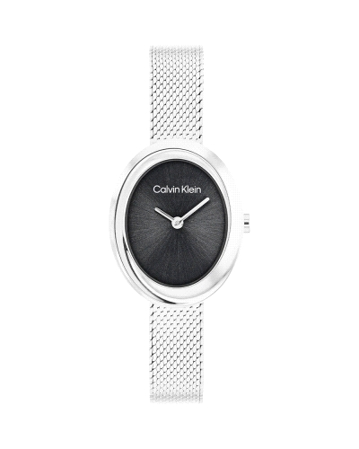 El Calvin Klein CK 25100151 Twisted Bezel es un reloj de cuarzo para mujer en acero inoxidable plateado, con caja ovalada de 24 