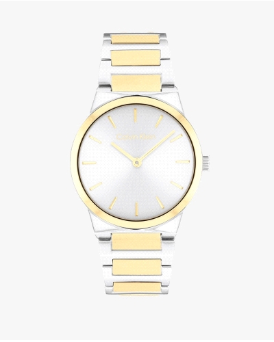 El Calvin Klein CK 25100113 Linear Elegance es un reloj de cuarzo bicolor para mujer, en acero inoxidable plateado y dorado, co