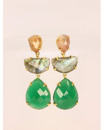 <P>Pendientes de plata de primera ley (925) con baño de oro amarillo y 3 piedras. Color melocotón en forma de gota, semicírculo 