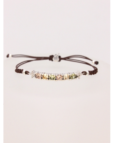 Pulsera de plata de ley con 2 piedras de cuarzo rosa, 2 peridotos verdes y 2 cuarzos ahumados claros. Ajustable a todas las medi