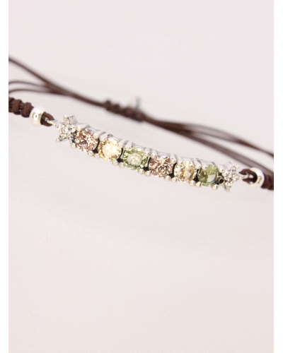 Pulsera de plata de ley con 2 piedras de cuarzo rosa, 2 peridotos verdes y 2 cuarzos ahumados claros. Ajustable a todas las medi