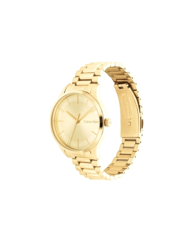 El Calvin Klein 25200043 es un reloj unisex minimalista en acero dorado. Tiene caja de 35 mm, movimiento de cuarzo, cristal mine