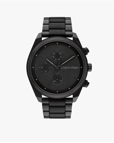 Reloj CK multifunción para hombre, de cuarzo, con caja de acero inoxidable negra de 44 mm, esfera negra con tres subesferas de f