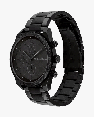 Reloj CK multifunción para hombre, de cuarzo, con caja de acero inoxidable negra de 44 mm, esfera negra con tres subesferas de f