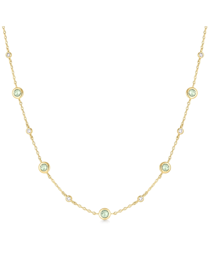 Collar de plata dorada con detalles en verde menta y blanco.