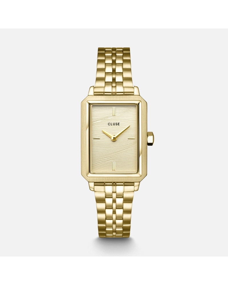 Reloj Cluse Fluette CW11511. Elegante modelo rectangular en acero inoxidable dorado con caja de 30,6 mm y esfera textura arena. 