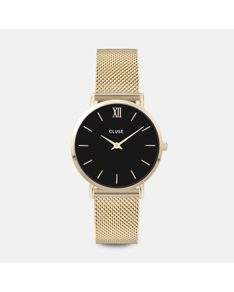 Cluse Minuit reloj femenino elegante de diseño minimalista con caja redonda de 33 mm en acero inoxidable dorado, esfera negra y 