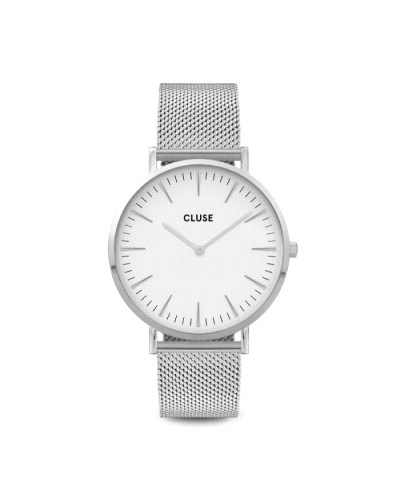 Cluse Boho Chic reloj unisex de estilo minimalista con caja de 38 mm en acero inoxidable, esfera blanca y correa tipo malla mila