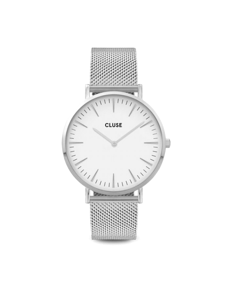 Cluse Boho Chic reloj unisex de estilo minimalista con caja de 38 mm en acero inoxidable, esfera blanca y correa tipo malla mila