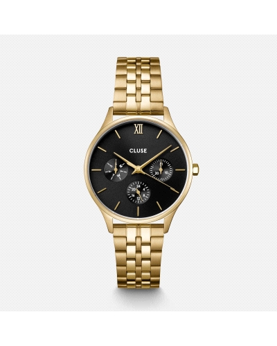 Reloj Cluse CW10707 Reloj multifunción con movimiento de cuarzo. Caja de acero inoxidable dorado (34 mm), esfera negra con subes