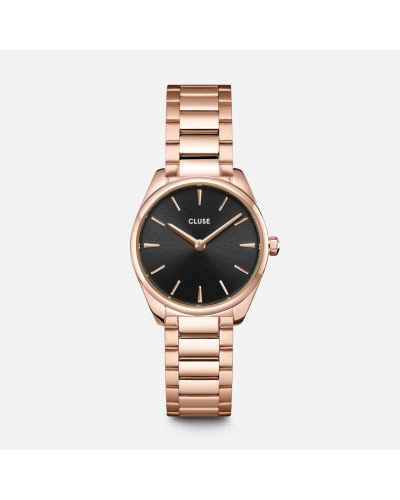 Reloj analógico con movimiento de cuarzo, caja de acero inoxidable color oro rosa y esfera negra con cristal mineral. Correa de 