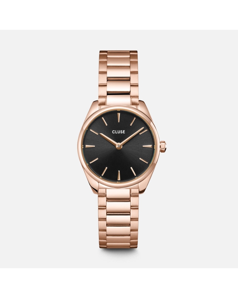 Reloj analógico con movimiento de cuarzo, caja de acero inoxidable color oro rosa y esfera negra con cristal mineral. Correa de 