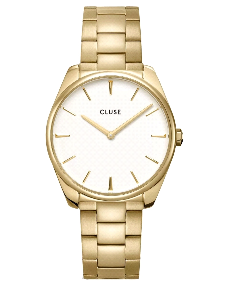 Reloj analógico con movimiento de cuarzo japonés, caja de acero inoxidable color dorada y esfera minimalista blanca con cristal 