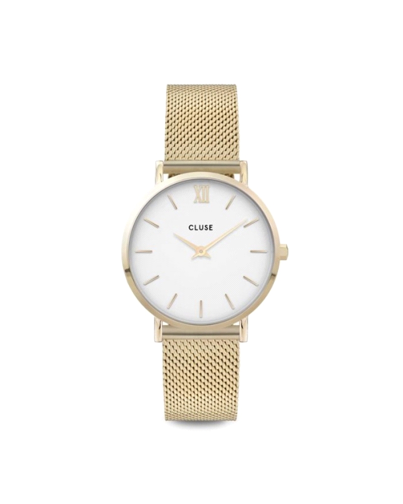 Reloj CLUSE Minuit Mesh. Este reloj femenino de la colección Minuit presenta una caja de 33 mm en acero inoxidable con baño dora