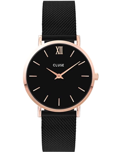 Reloj CLUSE Minuit con un diseño sofisticado y contraste elegante: caja de 33 mm en acero con baño en oro rosa, esfera negra y c