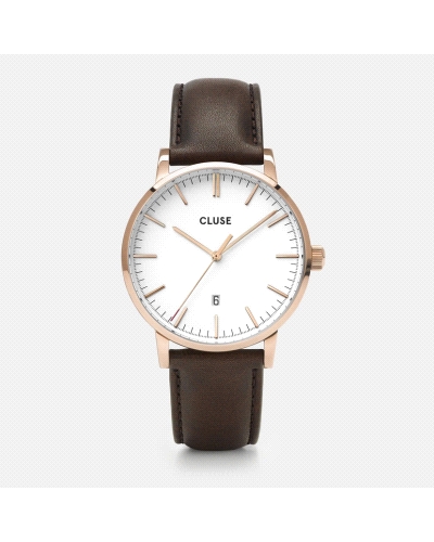 Reloj analógico con movimiento de cuarzo, caja de acero inoxidable color oro rosa y esfera blanca con cristal mineral. Correa de