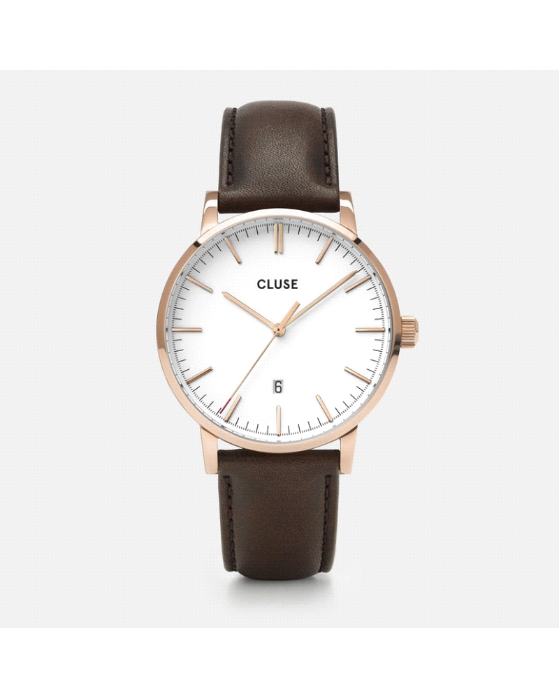 Reloj analógico con movimiento de cuarzo, caja de acero inoxidable color oro rosa y esfera blanca con cristal mineral. Correa de