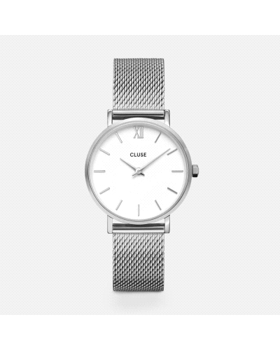 Reloj CLUSE Minuit Mesh elegante y minimalista, este reloj combina caja de acero de 33 mm, esfera blanca limpia y correa de mall