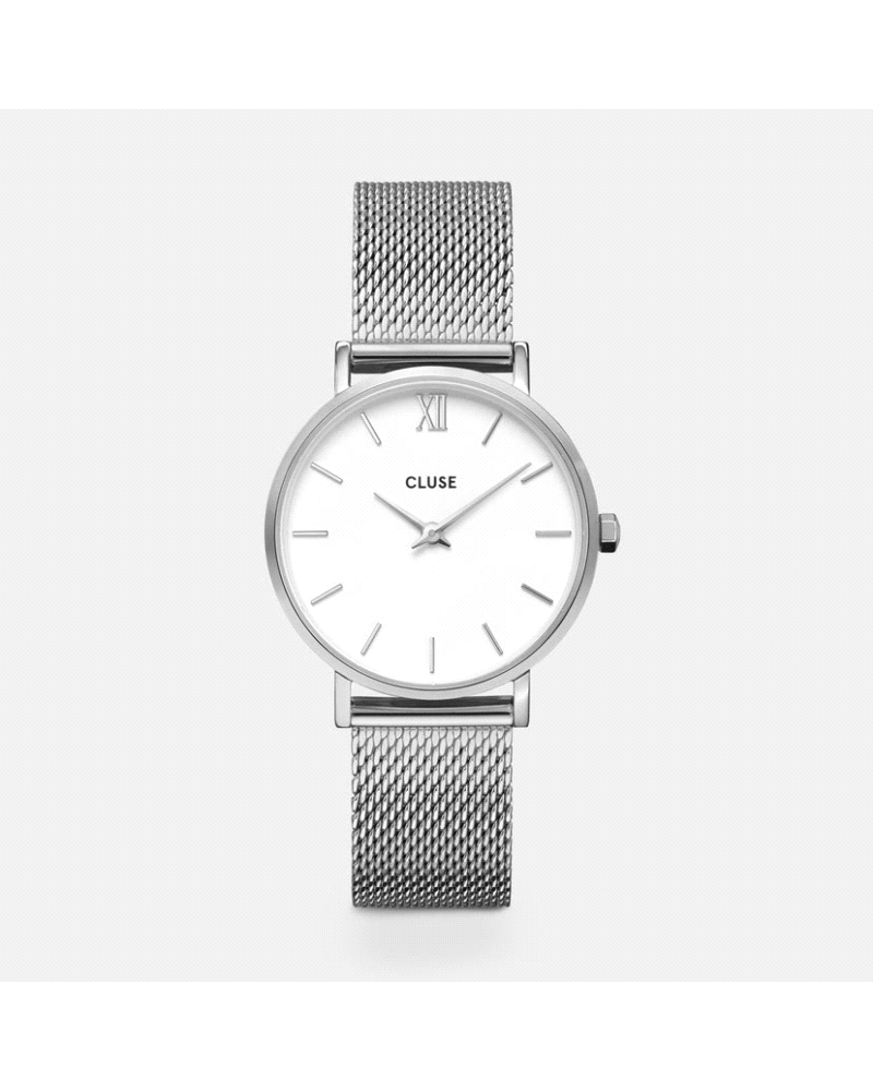 Reloj CLUSE Minuit Mesh elegante y minimalista, este reloj combina caja de acero de 33 mm, esfera blanca limpia y correa de mall
