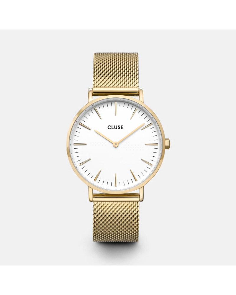 Reloj CLUSE Boho Chic / La Bohème de estilo delicado y versátil con caja de 38 mm en acero dorado, esfera blanca minimalista y c