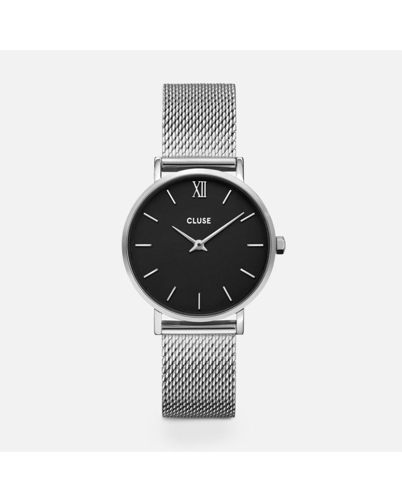 Reloj CLUSE Minuit caja de acero de 33 mm con esfera negra minimalista, correa de malla milanesa metálica intercambiable y movim