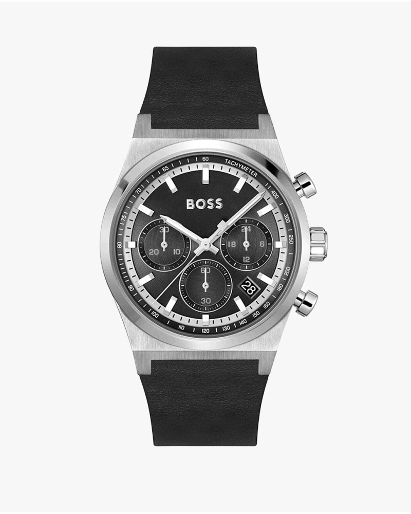 Diseño elegante con caja de acero inoxidable de 41 mm y esfera negra. Movimiento de cuarzo Seiko VR32B, cronógrafo con subesfera