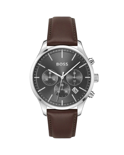 Diseño elegante con caja de acero inoxidable de 42 mm y esfera gris. Movimiento de cuarzo con cronógrafo, correa de cuero marrón