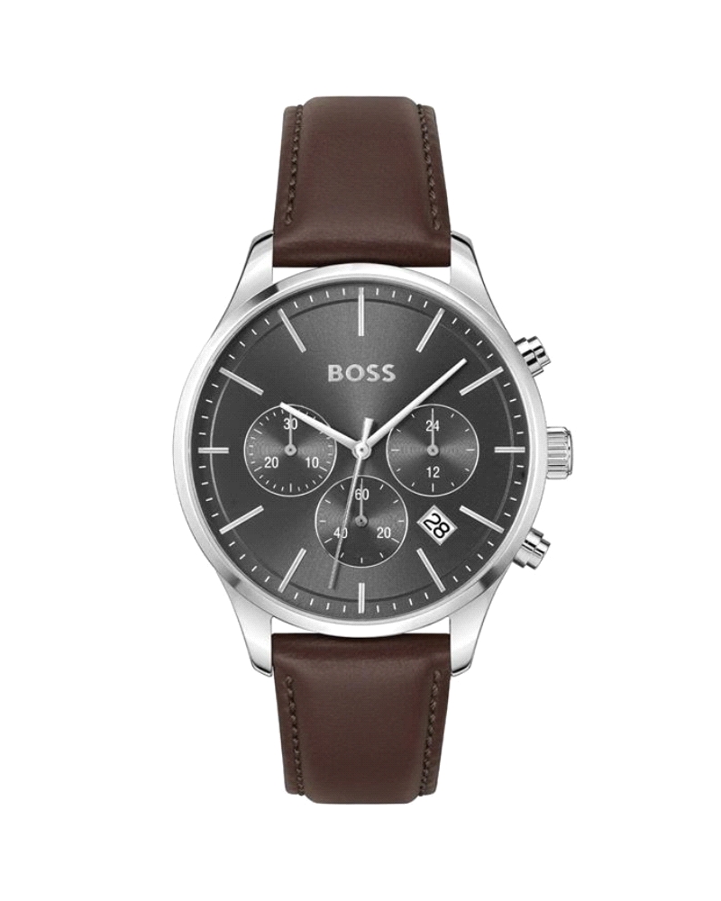 Diseño elegante con caja de acero inoxidable de 42 mm y esfera gris. Movimiento de cuarzo con cronógrafo, correa de cuero marrón