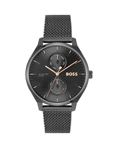 Diseño moderno con caja de acero inoxidable de 43 mm y esfera negra. Movimiento de cuarzo Seiko VX7P, cristal mineral y correa d