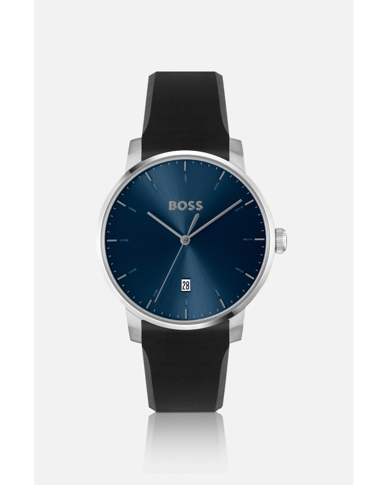 Diseño minimalista con caja de acero inoxidable de 40 mm, esfera azul y correa de caucho negro. Movimiento de cuarzo y resistent