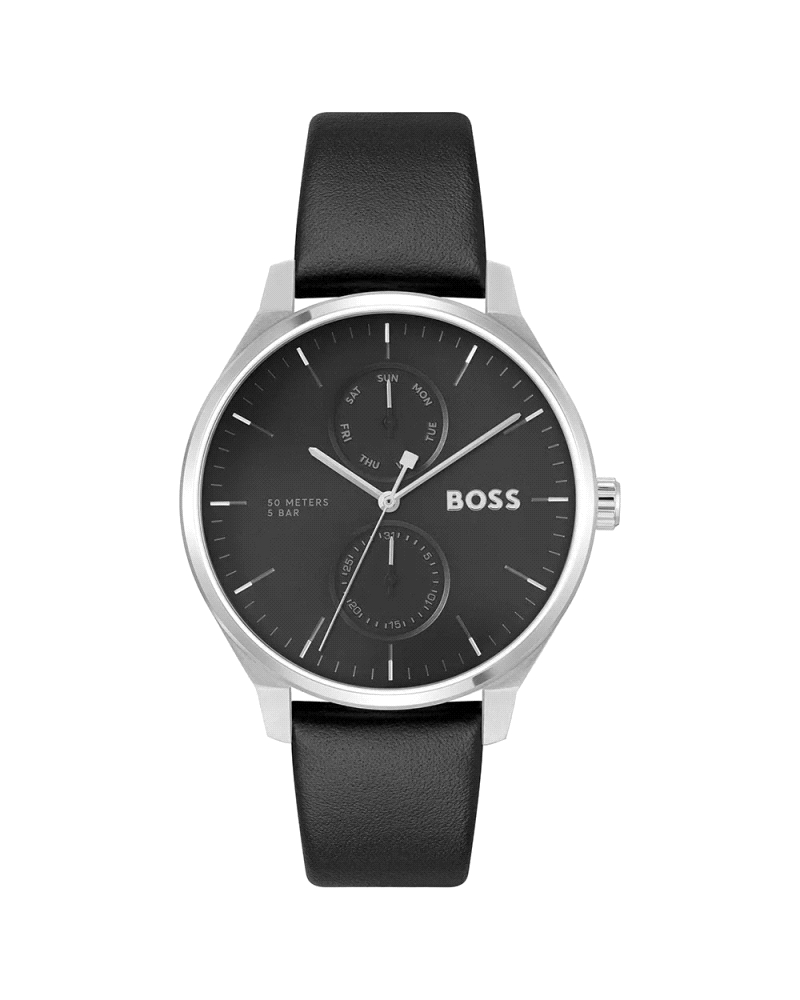 Elegancia clásica en caja de acero inoxidable de 41 mm con esfera negra, índices plateados y fecha a las 6. Correa de piel negra