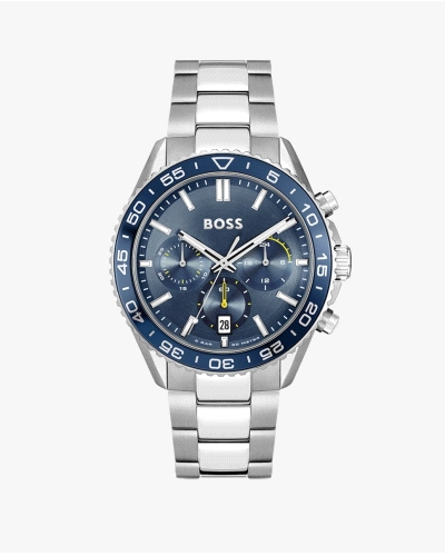 Diseño cronógrafo en acero inoxidable. Caja de 43-44 mm, esfera azul con subesferas, ventana de fecha a las 6 y correa de acero.