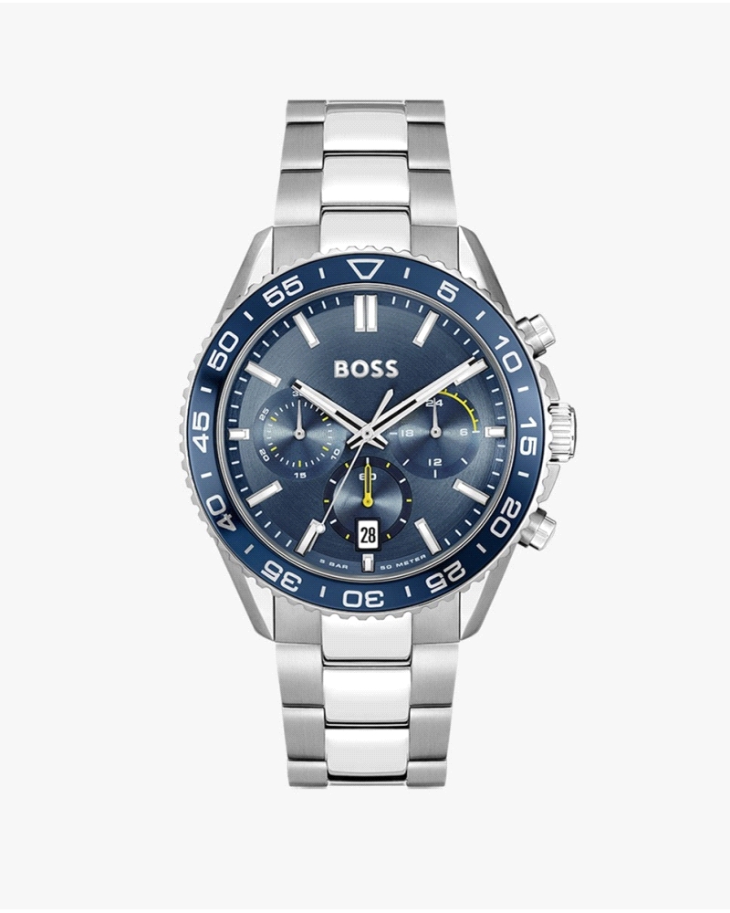 Diseño cronógrafo en acero inoxidable. Caja de 43-44 mm, esfera azul con subesferas, ventana de fecha a las 6 y correa de acero.