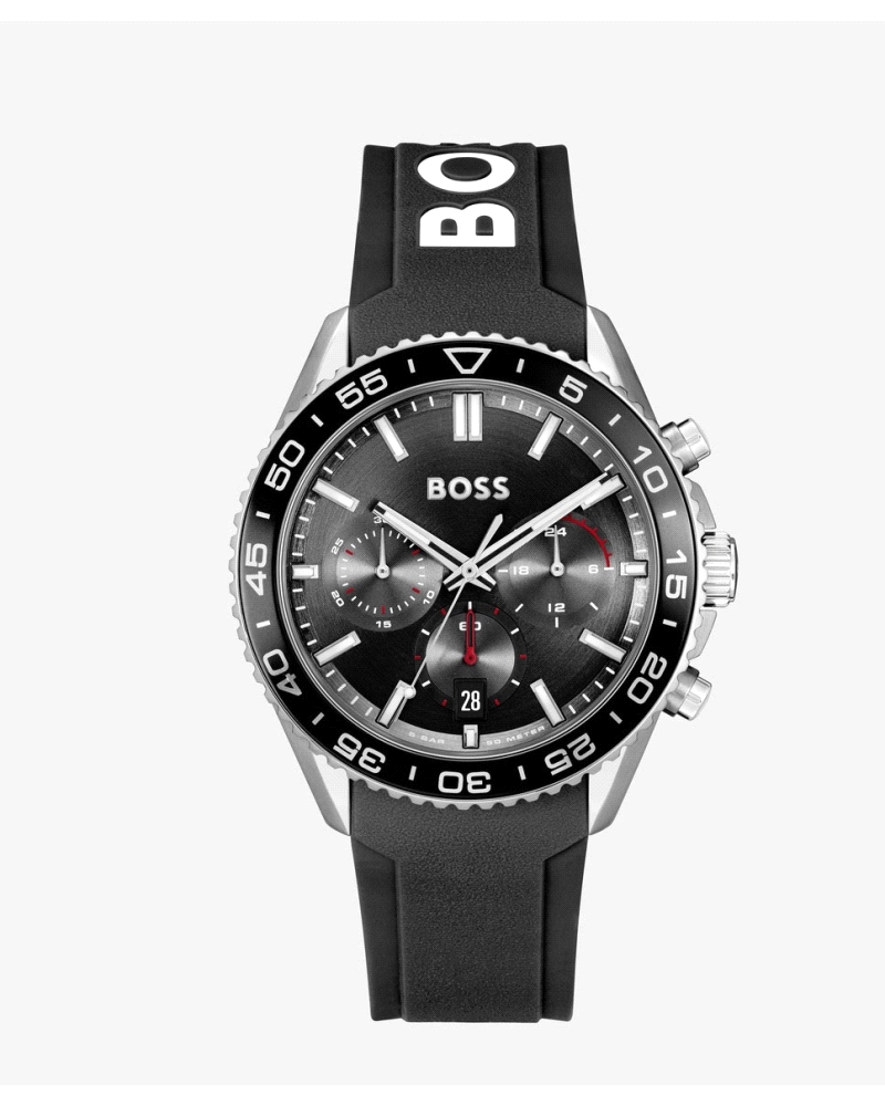 Estilo deportivo y moderno: caja de 43-44 mm en acero inoxidable, esfera negra con cronógrafo, correa de silicona negra. Resiste